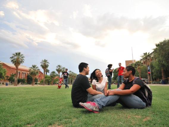 Three students sitting on the grass